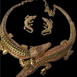 Gold-Tone Alligator Crystal Necklace and Earring Set - Green and Pink